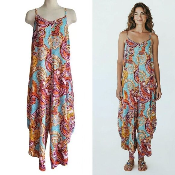 Ivy Street Jumpsuit Colorful Paisley Hankerchief Style Loose Fit Size L - Picture 1 of 16